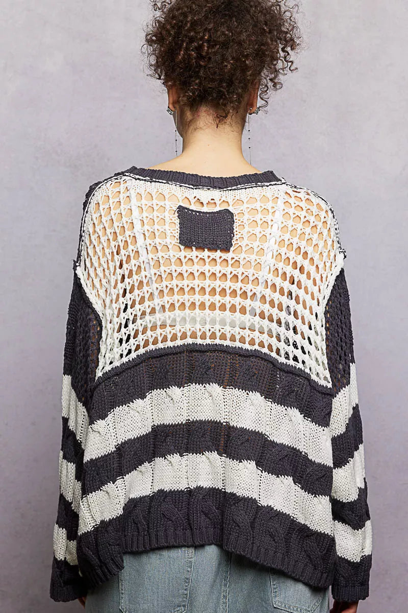 Color-Blocked Stripe Pattern Knit Top with Twisted Weave