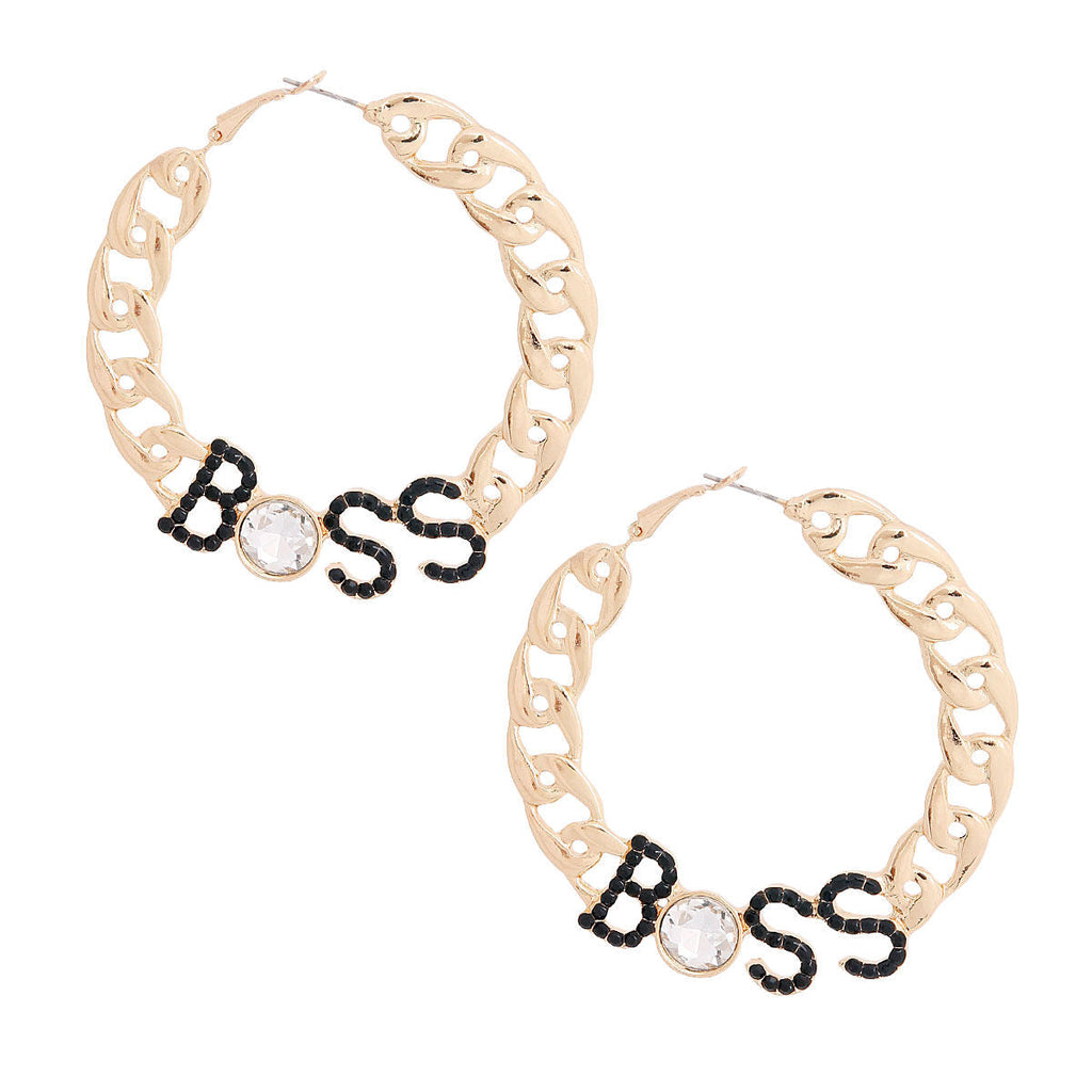 Statement Gold Boss Chain Hoop Earrings Stylish Chic Jewelry Accessory