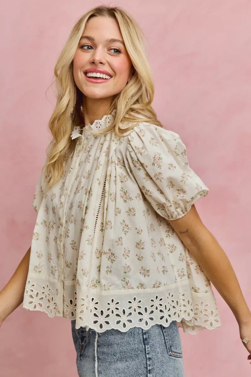 Floral Print Lace Trim Short Sleeves Blouse