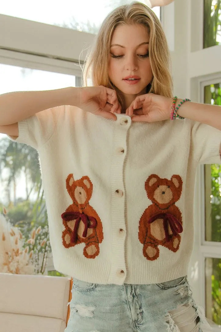 Teddy Bear With Bow Patched Sweater Button Down Top