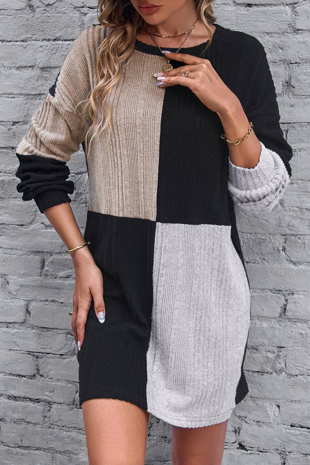 Black Ribbed Color Block Drop Shoulder Long Sleeve Mini Dress