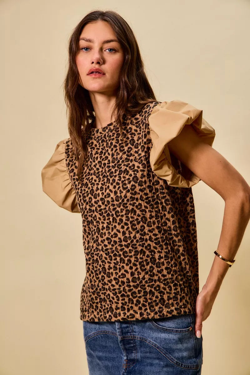 Leopard Pointelle Knit Top with Puff Sleeves