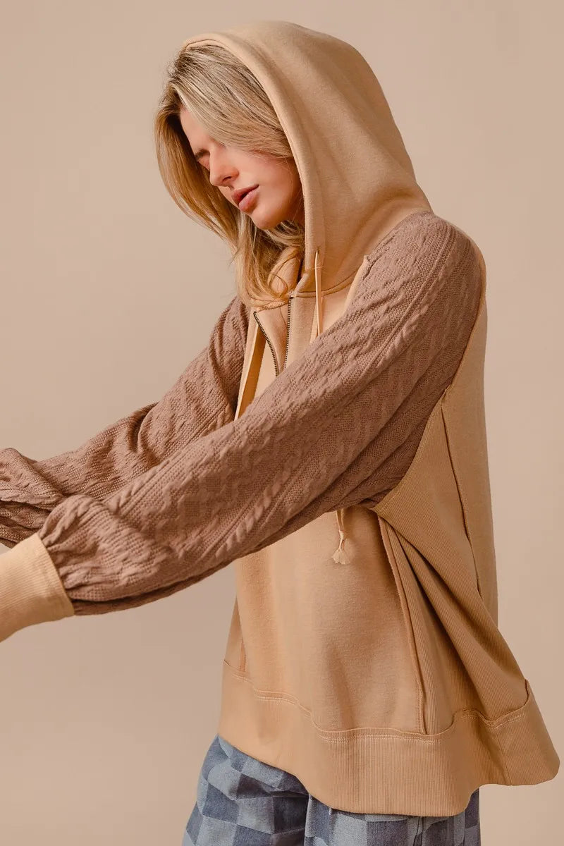 Half Zip French Terry Hoodie with Kint Sleeves