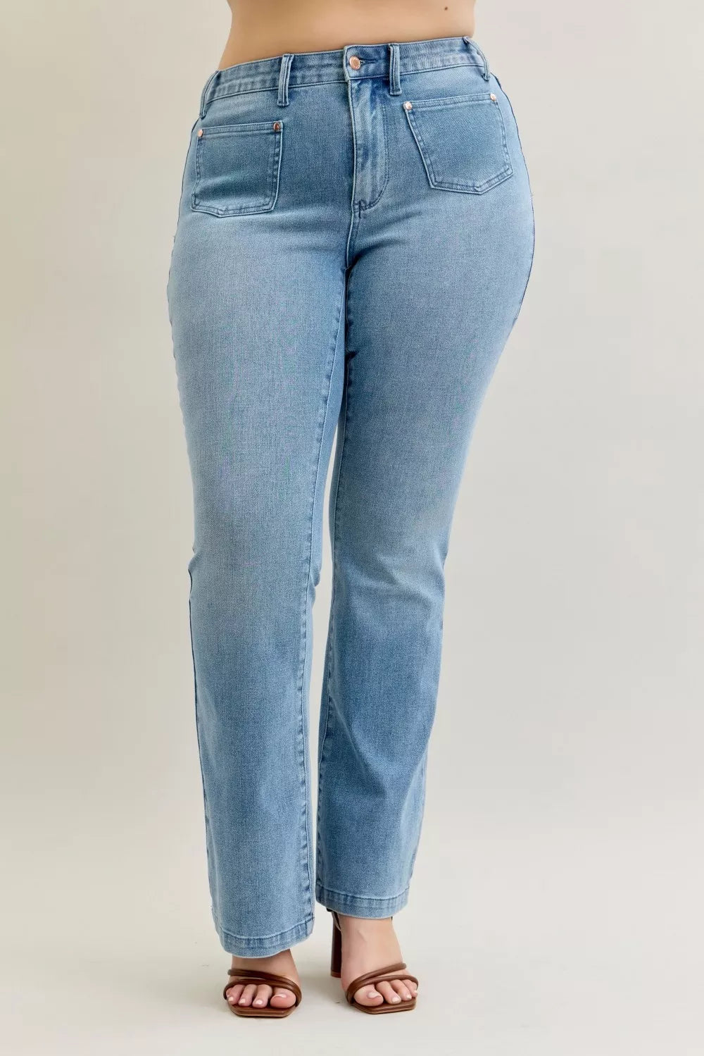 Full Size Mid Rise Bootcut Jeans with Contrast Wash & Front Patch Pockets Plus Size