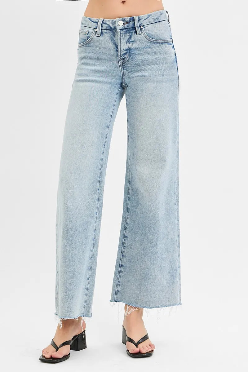 Full Size Tummy Control Low Rise Wide Leg Raw Cut Hem Jeans Plus Size
