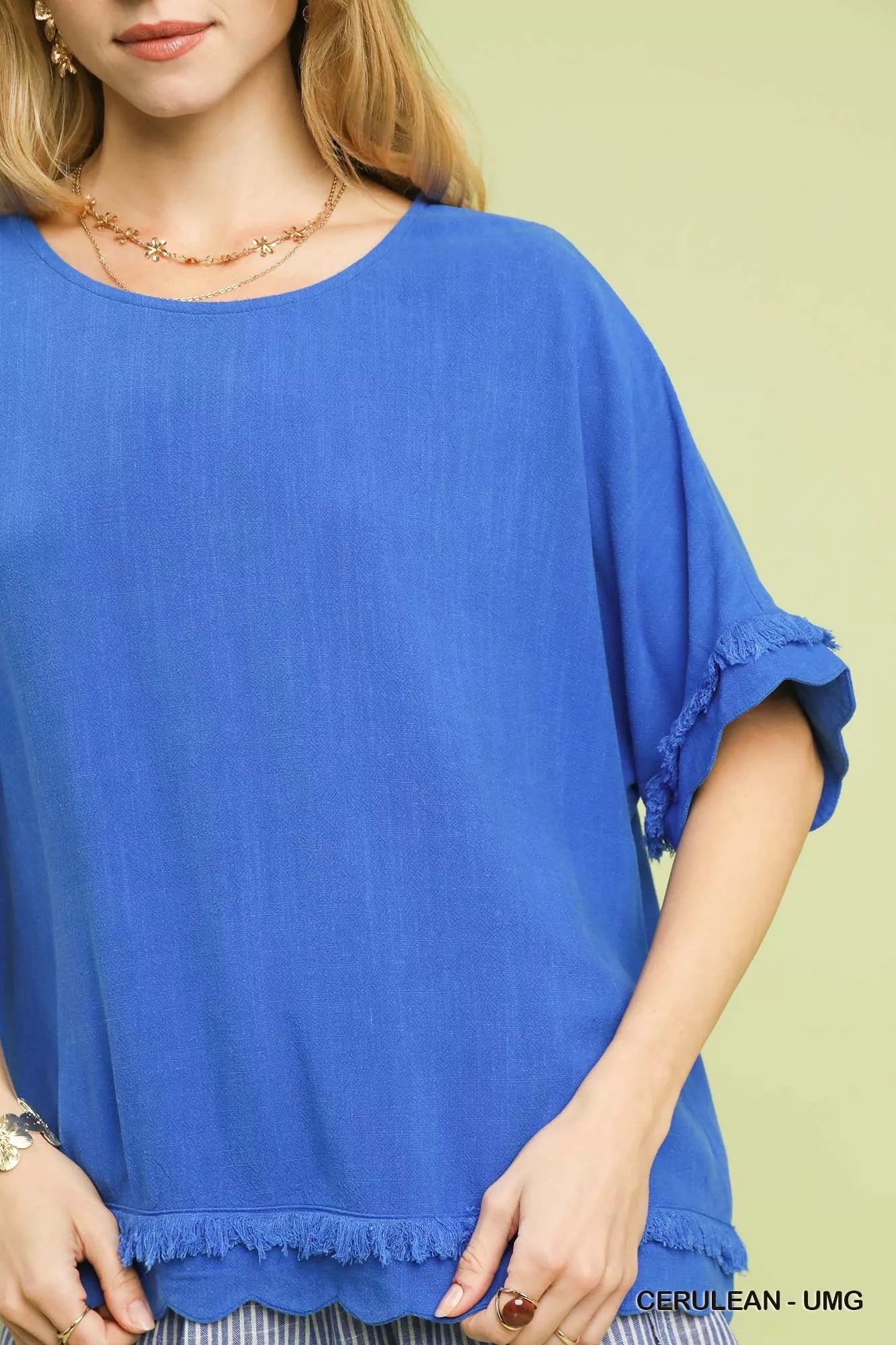Linen Frayed Hem Scallop Edge Top