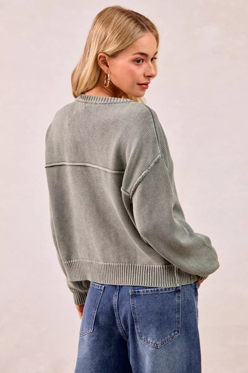 Washed Sweater V Neck Cardigan