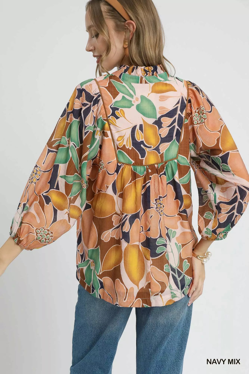 Multicolor Abstract Floral Print Blouse with Ruffle Neck