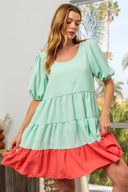 Two-Tone Balloon Sleeves U Neck Tiered Ruffle Hem Mini Dress