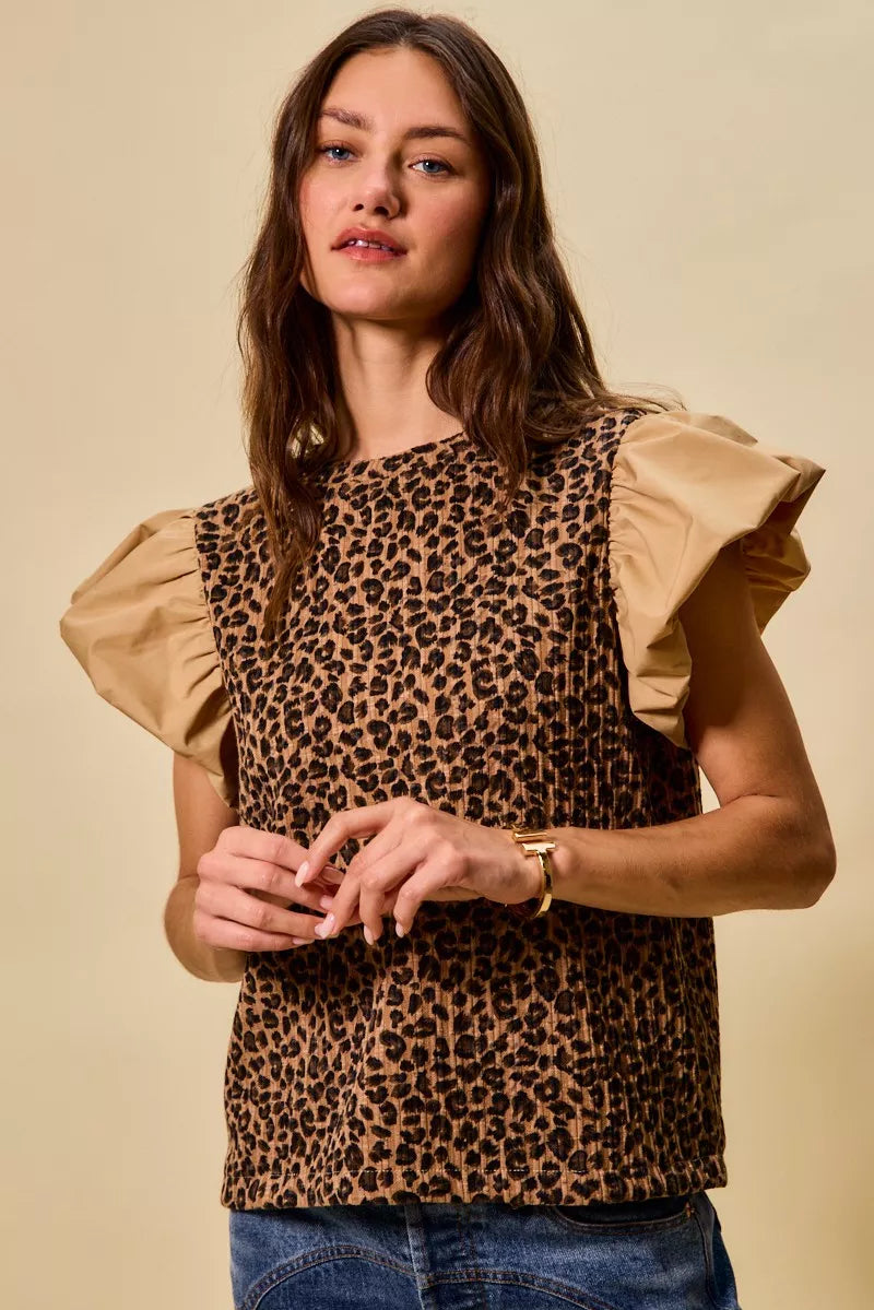 Leopard Pointelle Knit Top with Puff Sleeves