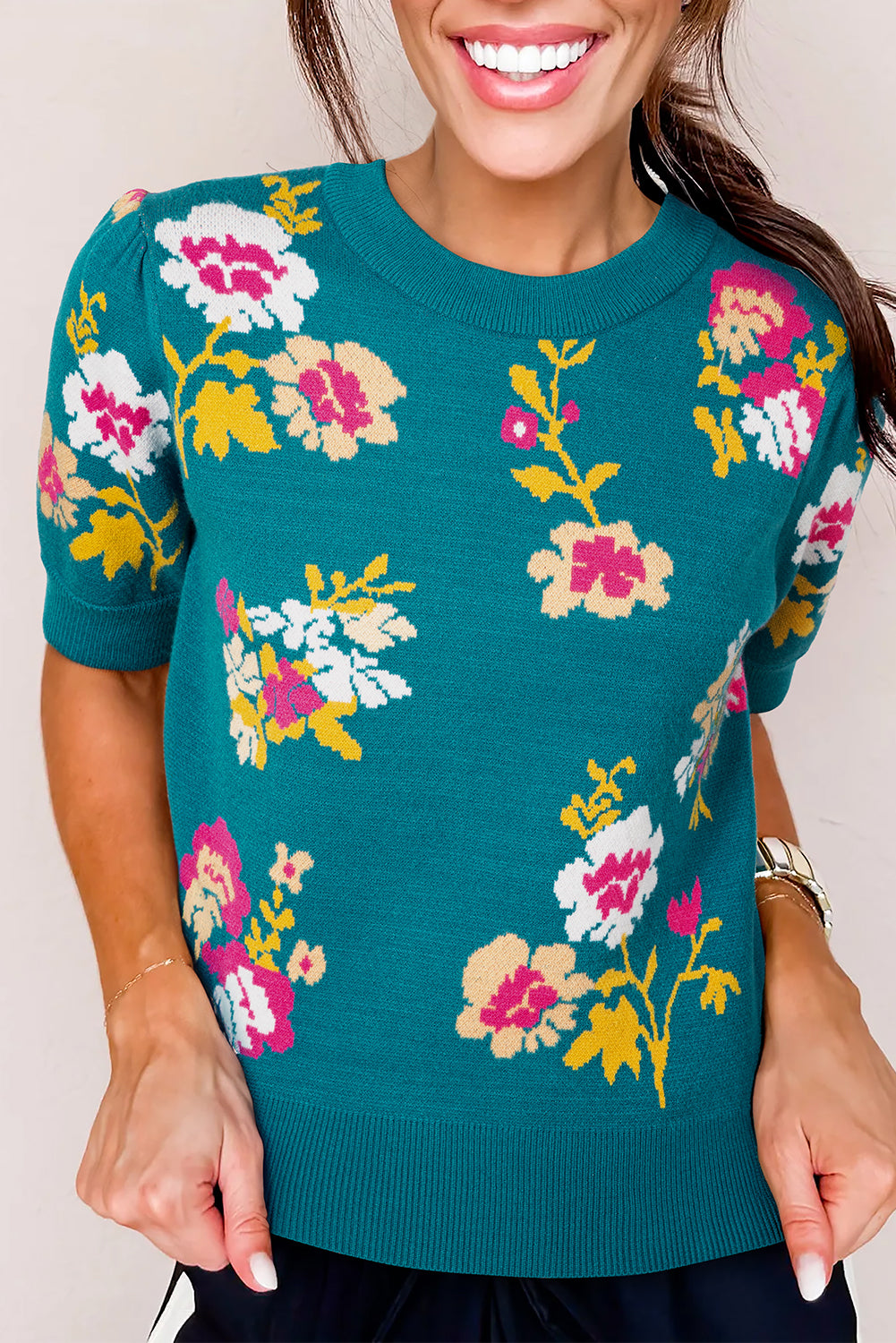 Blue Flower Pattern Mock Neck Short Sleeve Knitted T Shirt