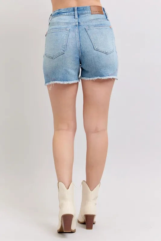 Full Size High Waist Western Embroidery Detail Cut Off Denim Shorts Plus Size