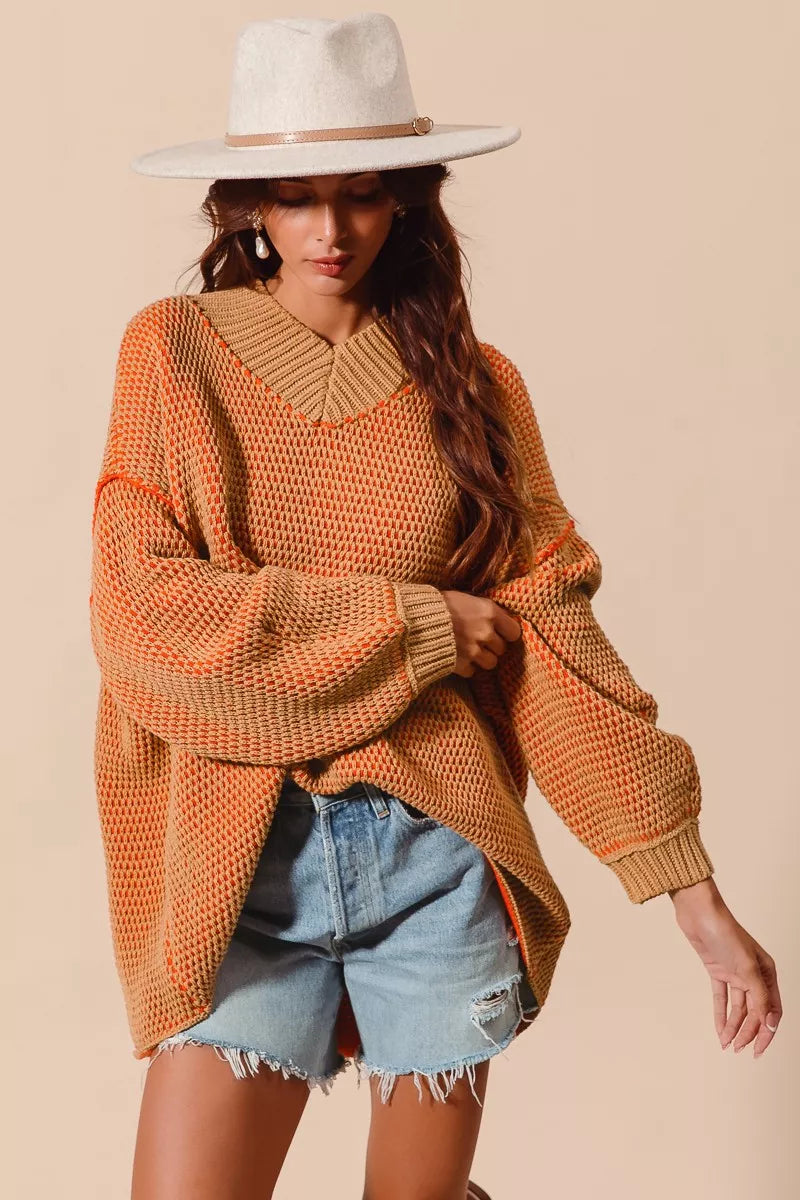 Oversized Two Tone Textured V Neck Sweater