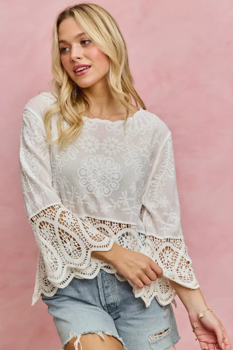 Floral Embroidered Crochet Lace Trimmed Top