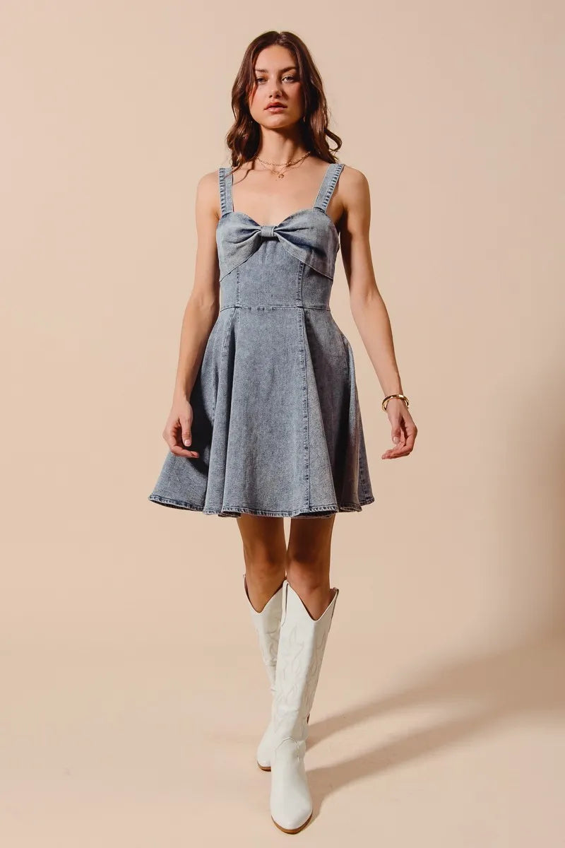 Mineral Washed Bow Ribbon Denim Flare Dress