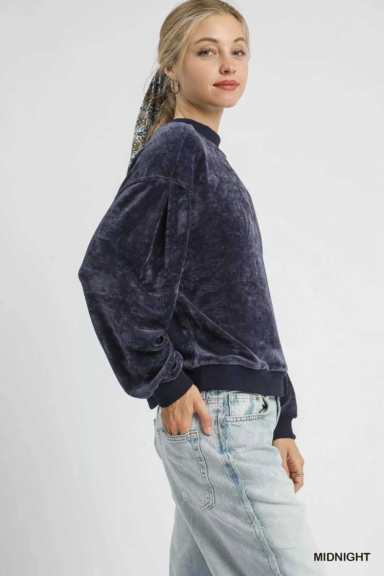 Velour Crewneck Balloon Sleeve Sweatshirt