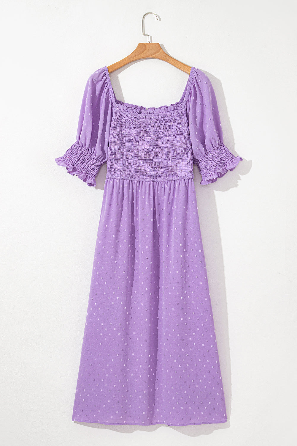 Wisteria Swiss Dot Smocked Frilled Neckline Short Sleeve Plus Size Dress