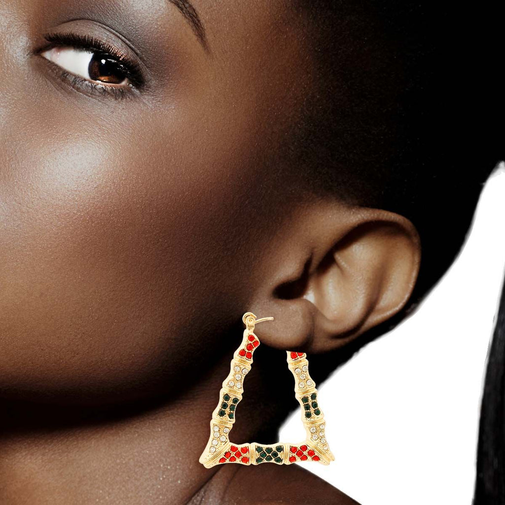 Statement Bamboo Hoops Earrings with Red and Green Bling Trapezoid Design