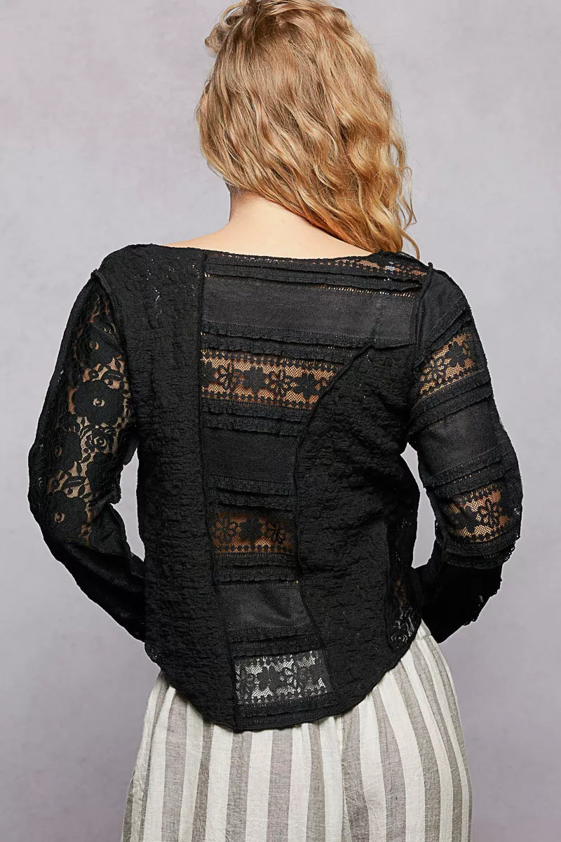 Round Neck Long Sleeve Exposed Seam Top with Lace Detail
