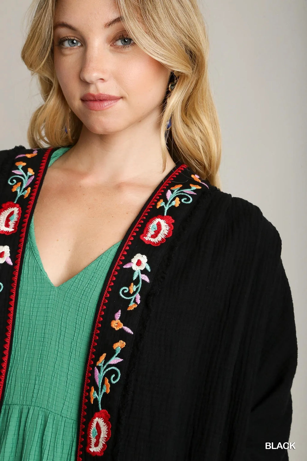 Embroidery Open Front Kimono with Pleated Shoulder Detail