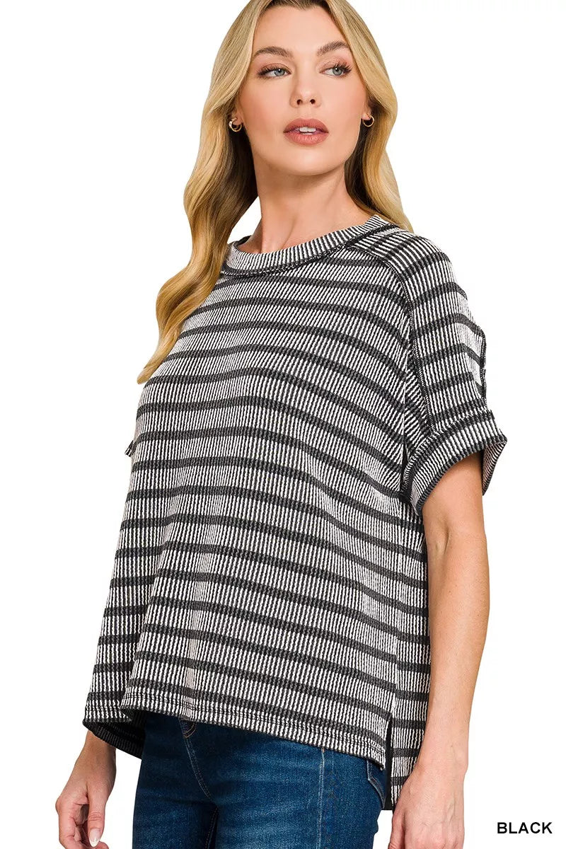 Raised Rib Striped Exposed Seam Top