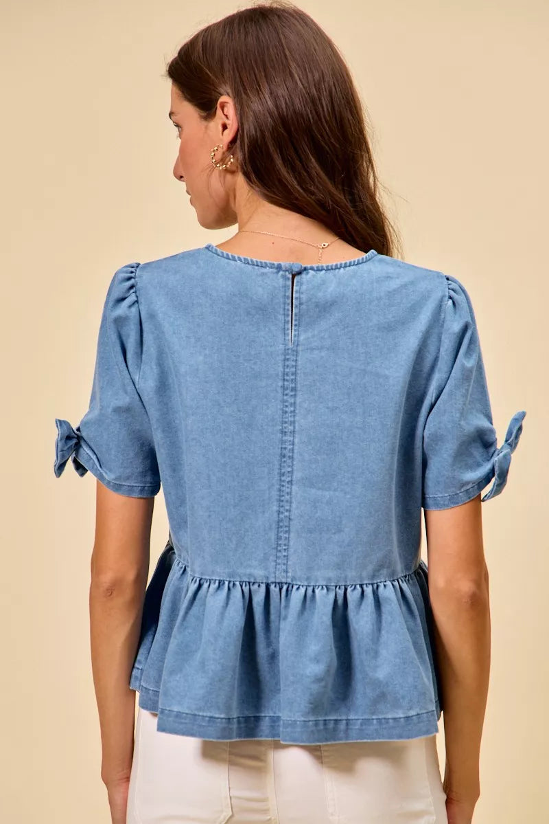 Denim Bow Detail Short Sleeves Peplum Top