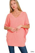 Raised Rib V-Neck Batwing Top
