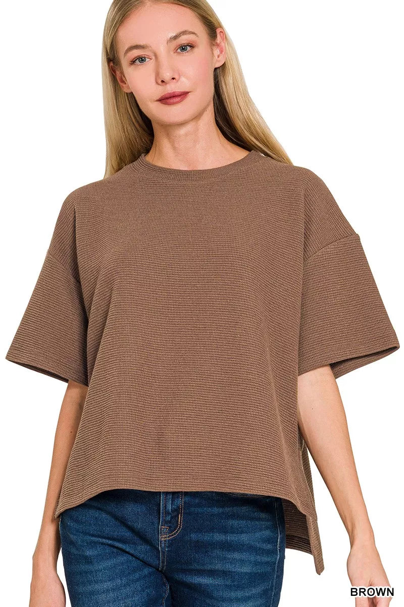 Full Size Double Knit Side Slits Hi Low Short Sleeve Top Plus Size