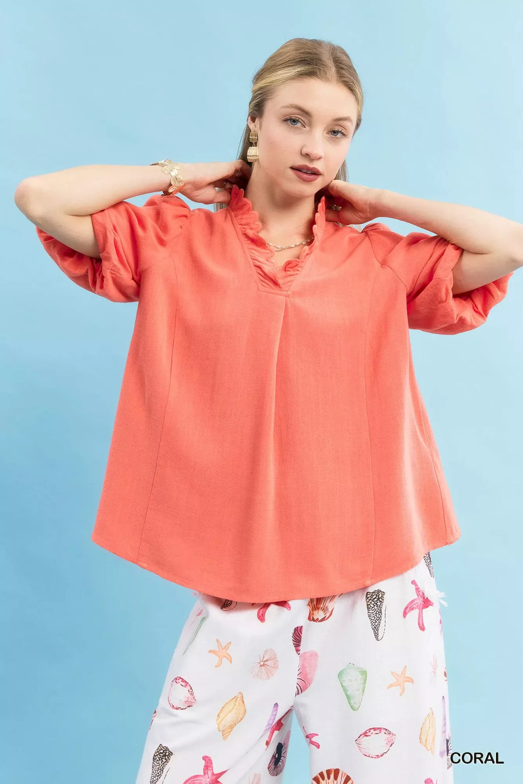 Linen Scallop Trim V-Neck Blouse