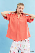 Linen Scallop Trim V-Neck Blouse