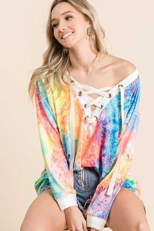 Tie Dye Deep V-neck Top With Lace Up Front