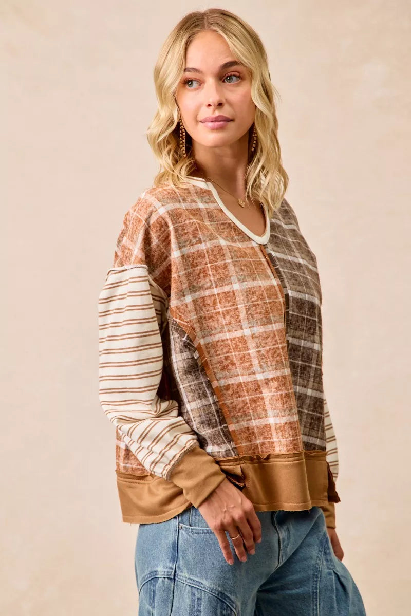 Plaid And Stripe Mix And Match Top With Open Seam