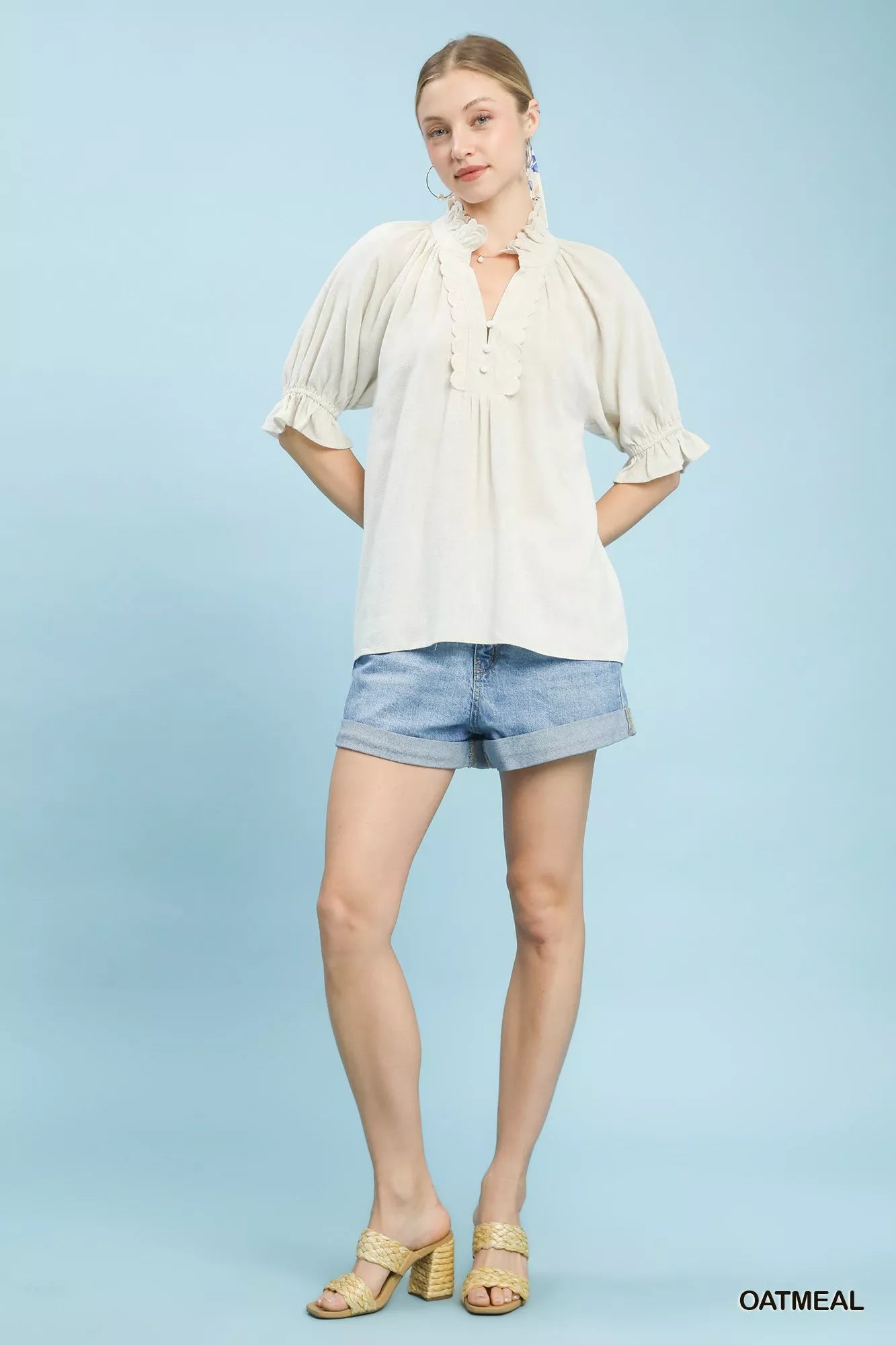 Linen Scalloped Ruffle Neck Blouse