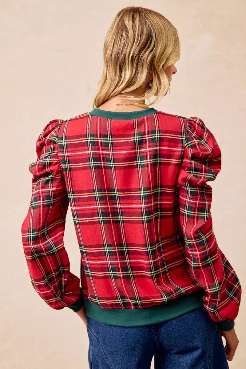 Christmas Plaid Exaggerated Shoulder Sleeves Top