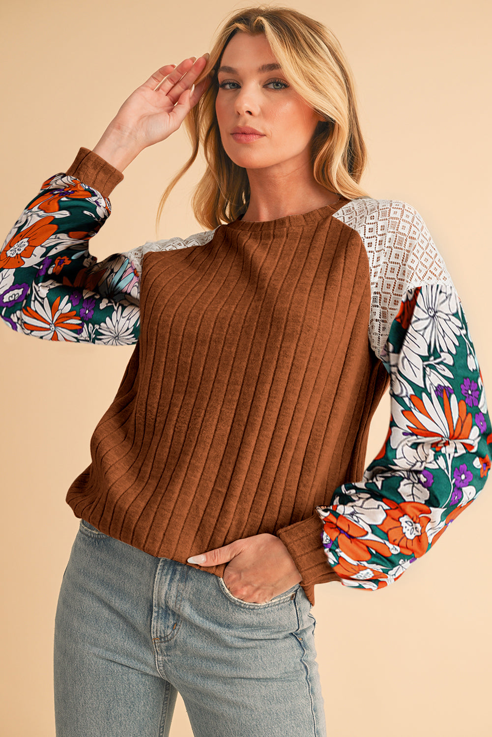 Parchment Floral Patchwork Raglan Sleeve Ribbed Blouse