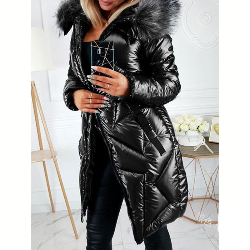 Women's PU Leather Trench Coat with Fur Collar - Slim Fit Mid-Length Winter Jacket (Black, Dark Green, Blue)