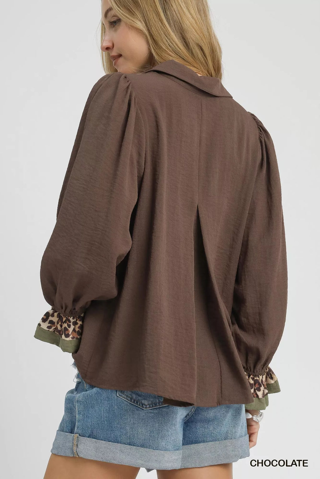 Half Button Blouse with Leopard Print Trim