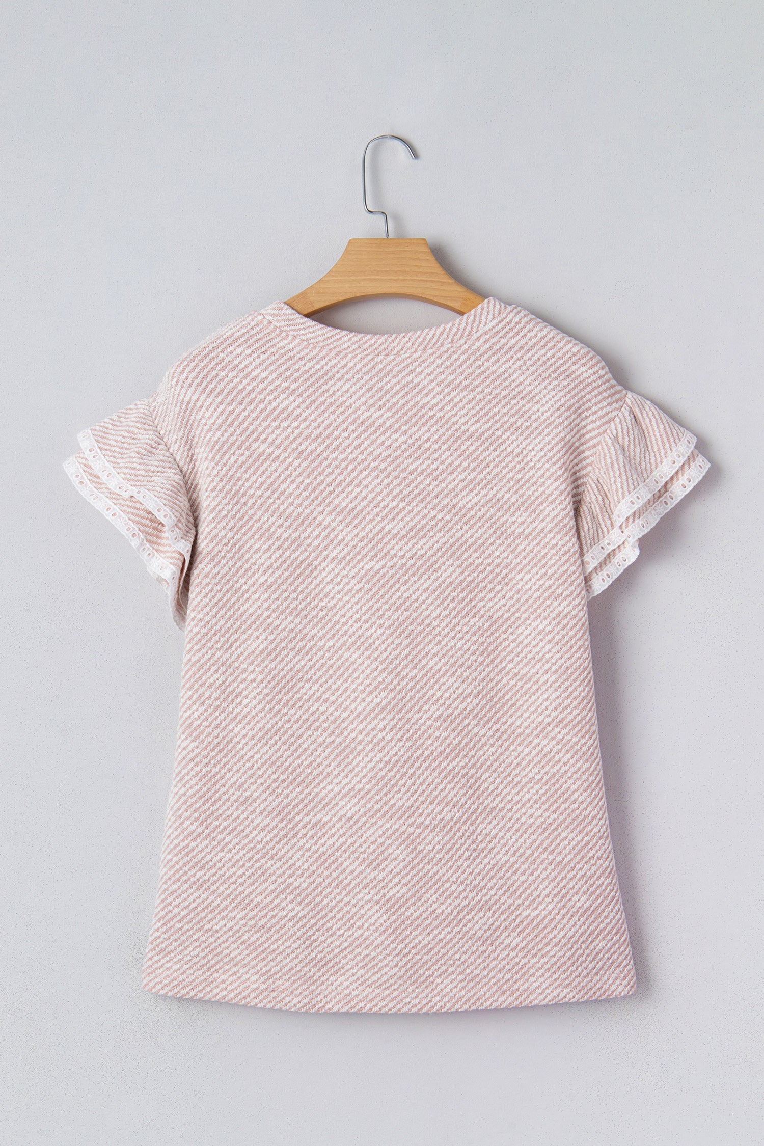 Light Pink Twilled Print Lace Trim Ruffled Short Sleeve Blouse