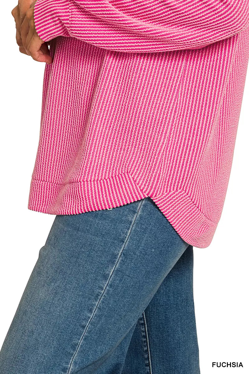 Full Size Raised Rib Round Neck Long Sleeve Top Plus Size