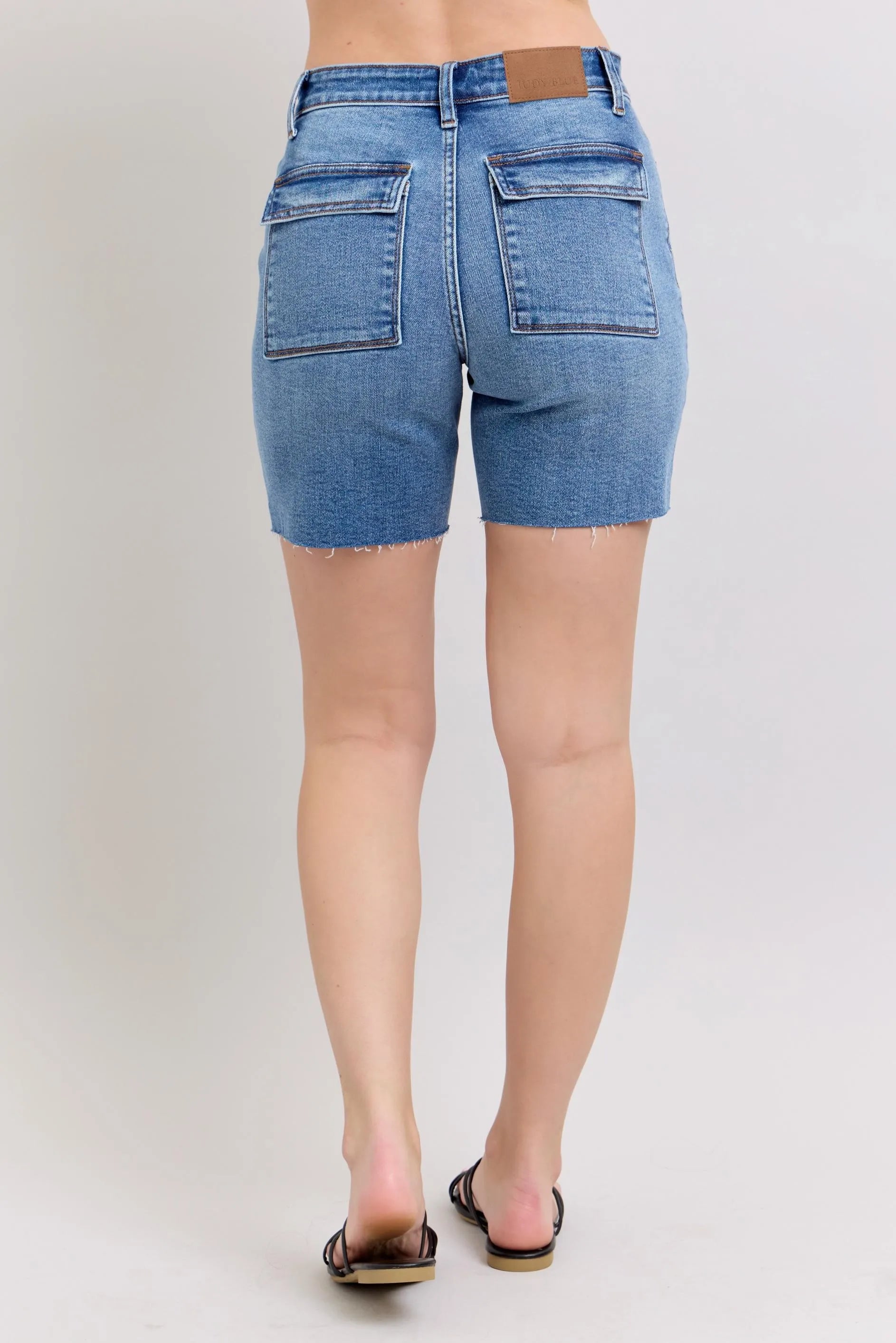 Full Size Mid Rise Bermudas Denim Shorts W/ Back Flap Pockets Plus Size