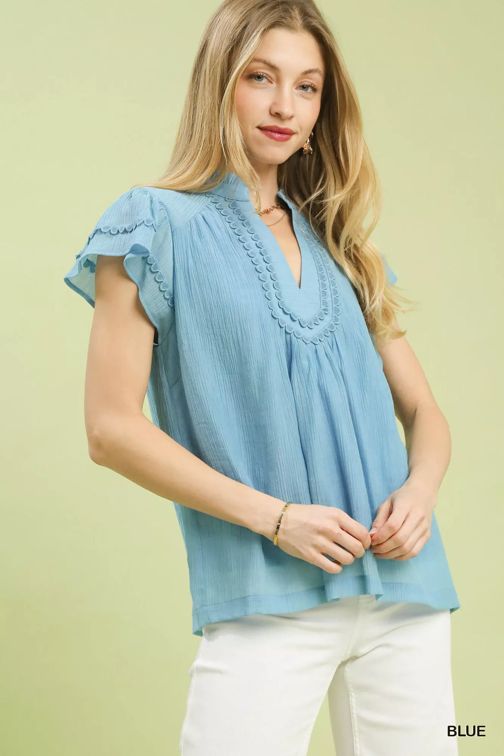 Scalloped Trim Flutter Sleeve Top