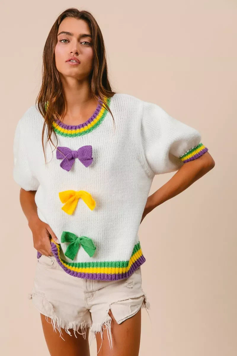 Short Puff Sleeve Ribbon Bow Mardi Gras Sweater