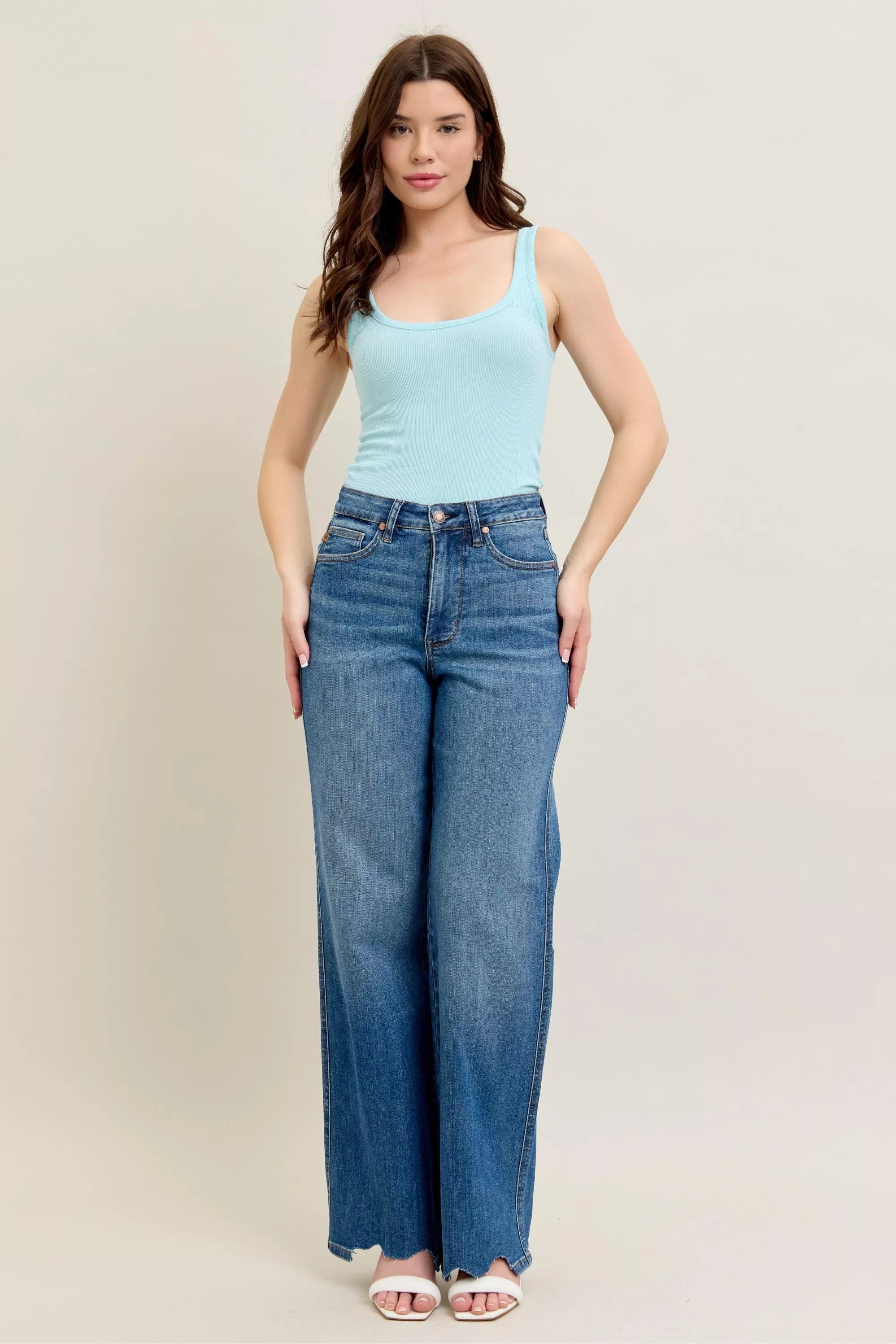 Full Size High Waist Tummy Control Chew Hem Destroy Wide Jeans Plus Size