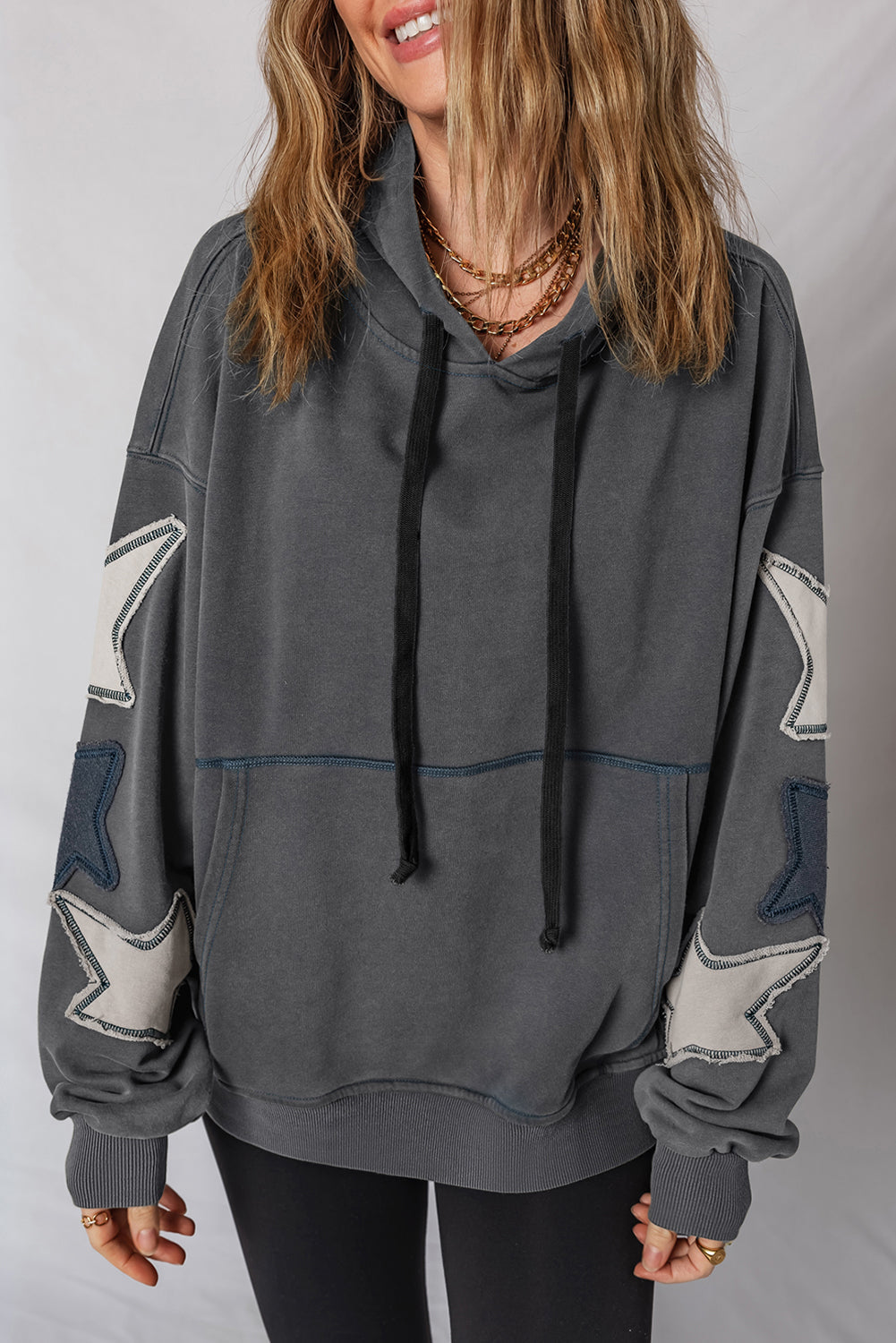 Carbon Grey Star Patchwork Contrast Stitching Mineral Wash Kangaroo Pocket Vintage Hoodie
