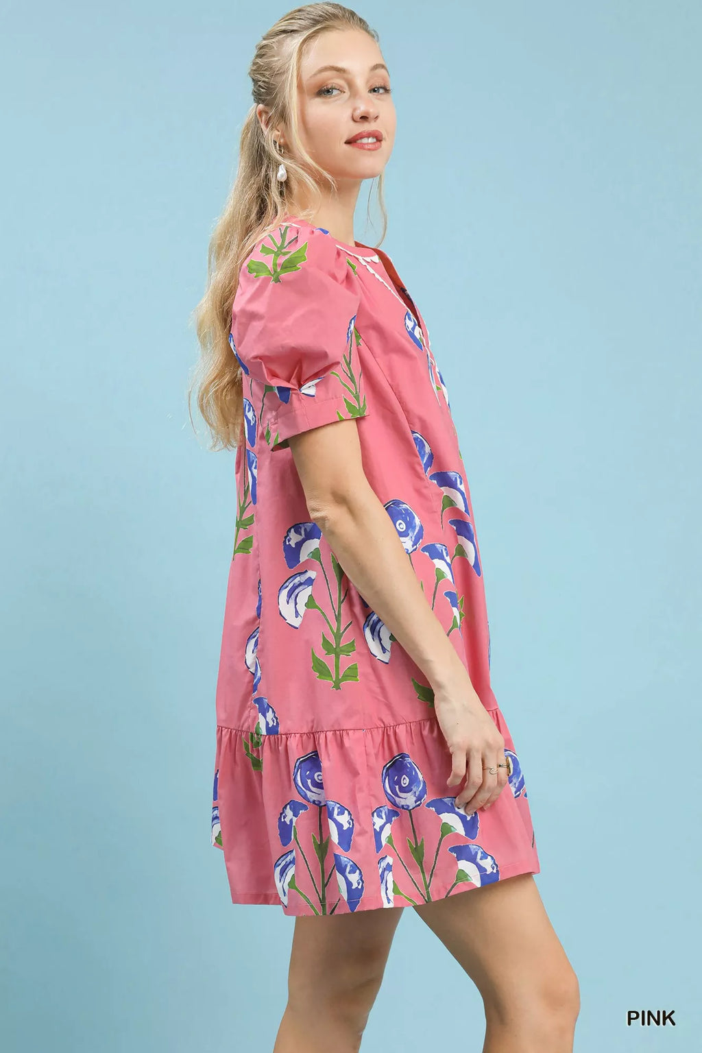 Floral Print Puff Sleeve Mini Dress with Scallop Trim
