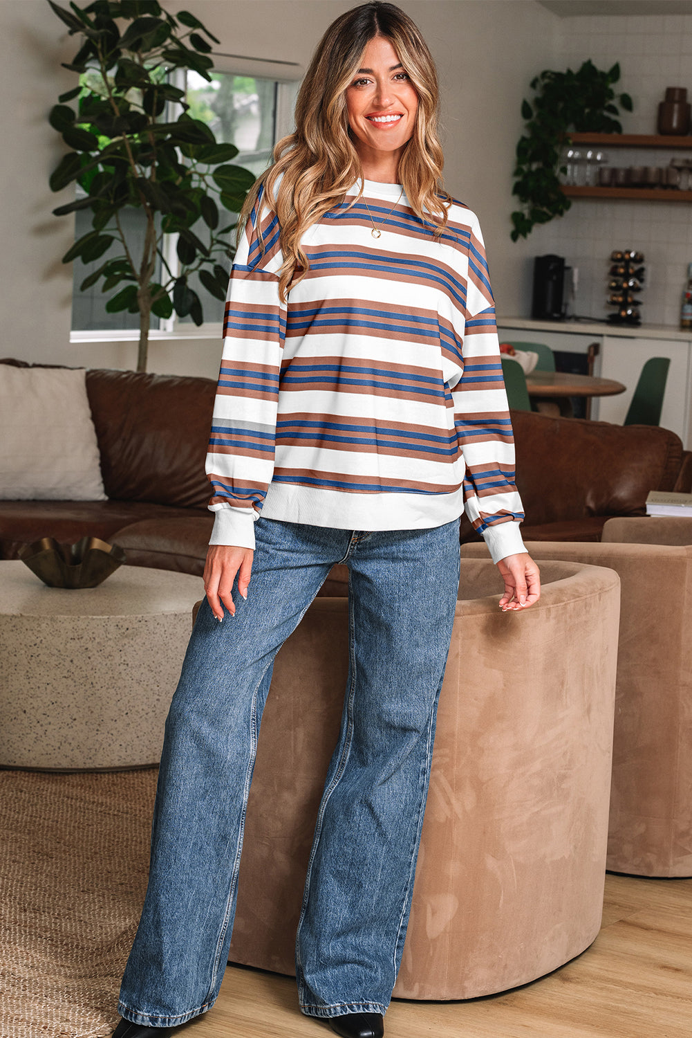Brown Stripe Crew Neck Drop Shoulder Pullover Sweatshirt