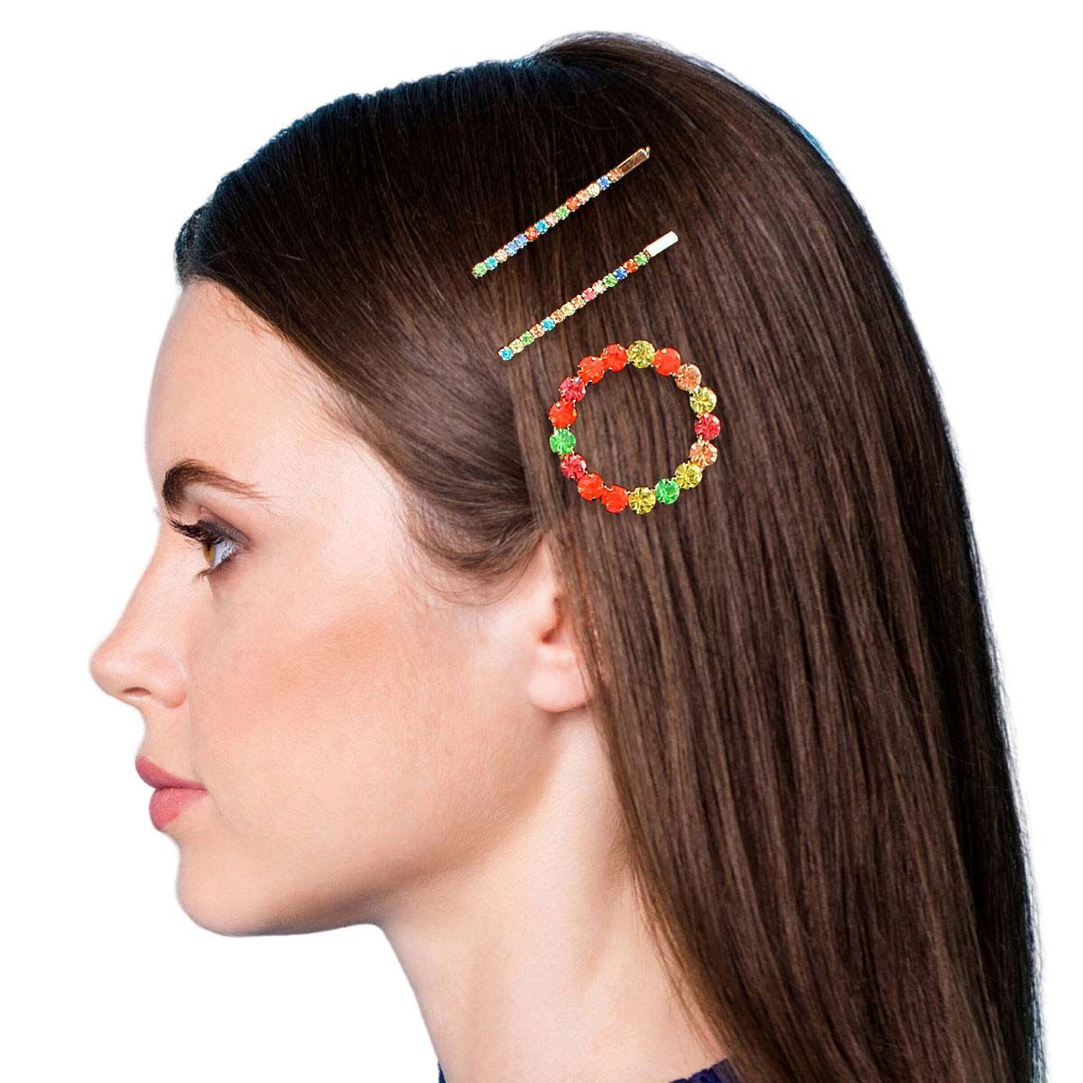 Hair Pin Set 3 Pcs Gold Circle Multi Rhinestone Stylish Accessories