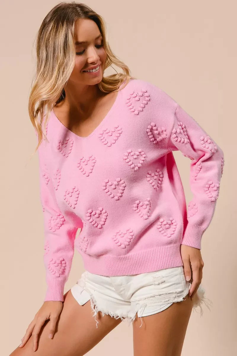 Valentines Heart Pompom V Neck Knit Top