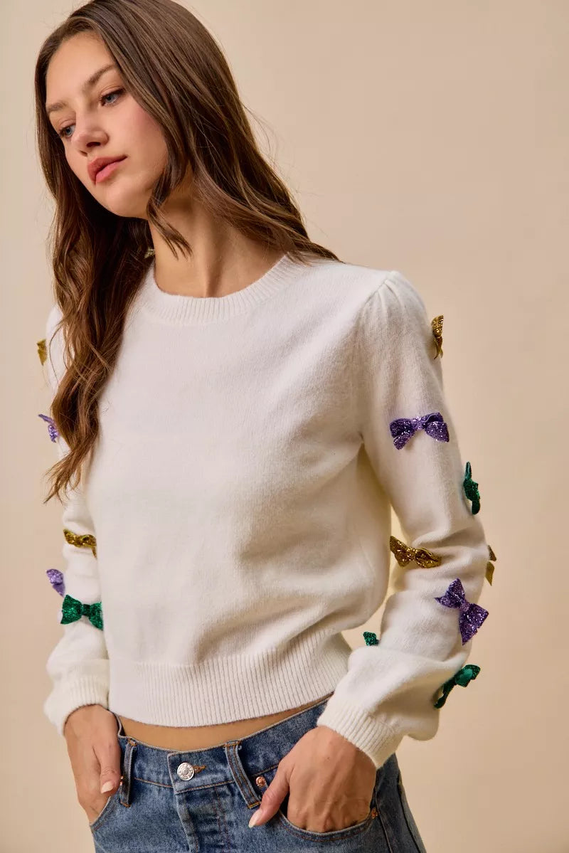 Mardi Gras Glitter Bow Ribbon Sweater Knit Top