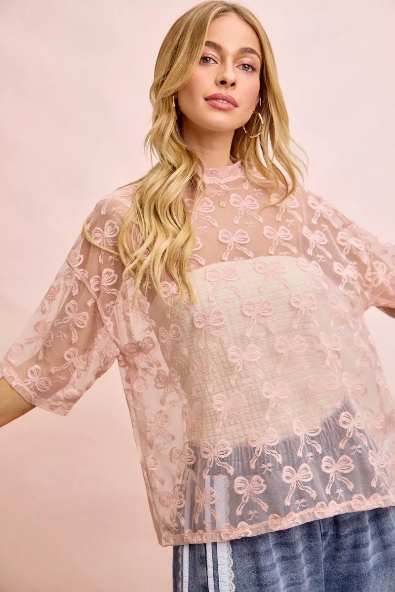 Bow Pattern Short Sleeves Boxy Mesh Top